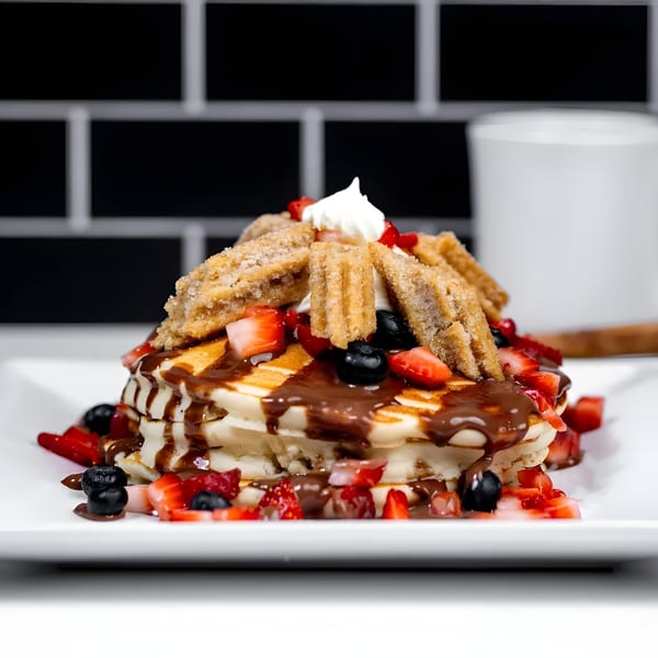 Stack of pancakes topped with chocolate syrup, strawberries, blueberries, whipped cream, and churros.